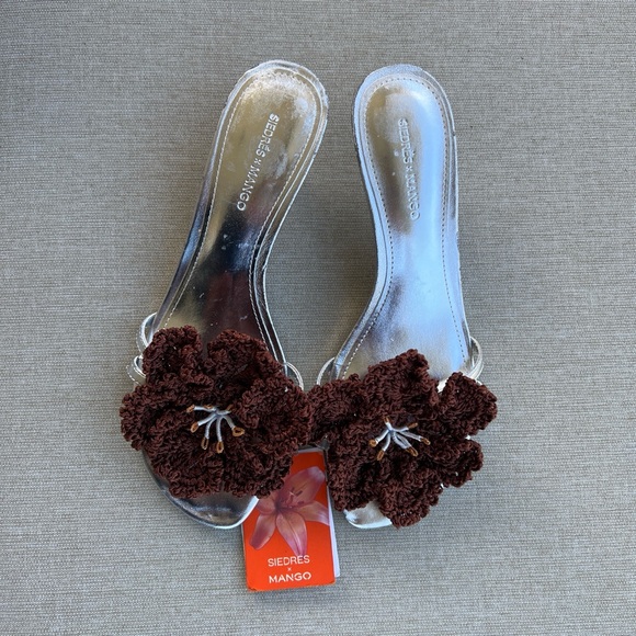 Mango Shoes - Mango Silver Slide Sandals with Brown Crochet Flowers